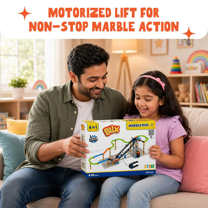 Blix Marble Run 2 Building Blocks | Motorised Conveyor Marble Track | 4 in 1 | STEM Learning & Creative Building Toy | 220+ Pieces