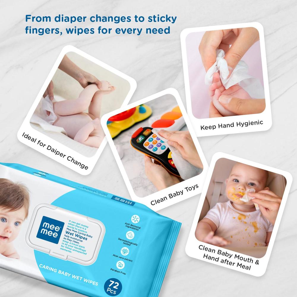 Mee Mee Caring Baby Wet Wipes With Aloe Vera Extracts (72 pieces) | Parabens Free
