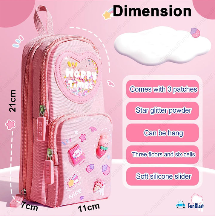 FunBlast Pencil Case for Girls | Large Capacity Hangable Triple-Layer Canvas Pouch