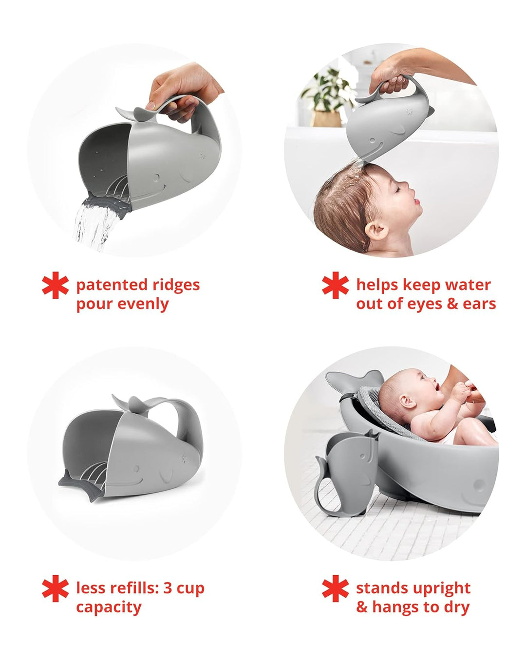 Skip Hop Moby Waterfall Bath Rinser - Grey | Soft Comfort Edge Bath Rinse Cup