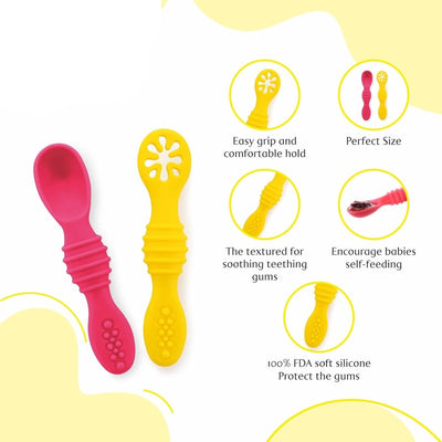 Silicone Spoon for Feeding Infant and Toddlers | Pack of 2 | Smushy | Pink&Yellow