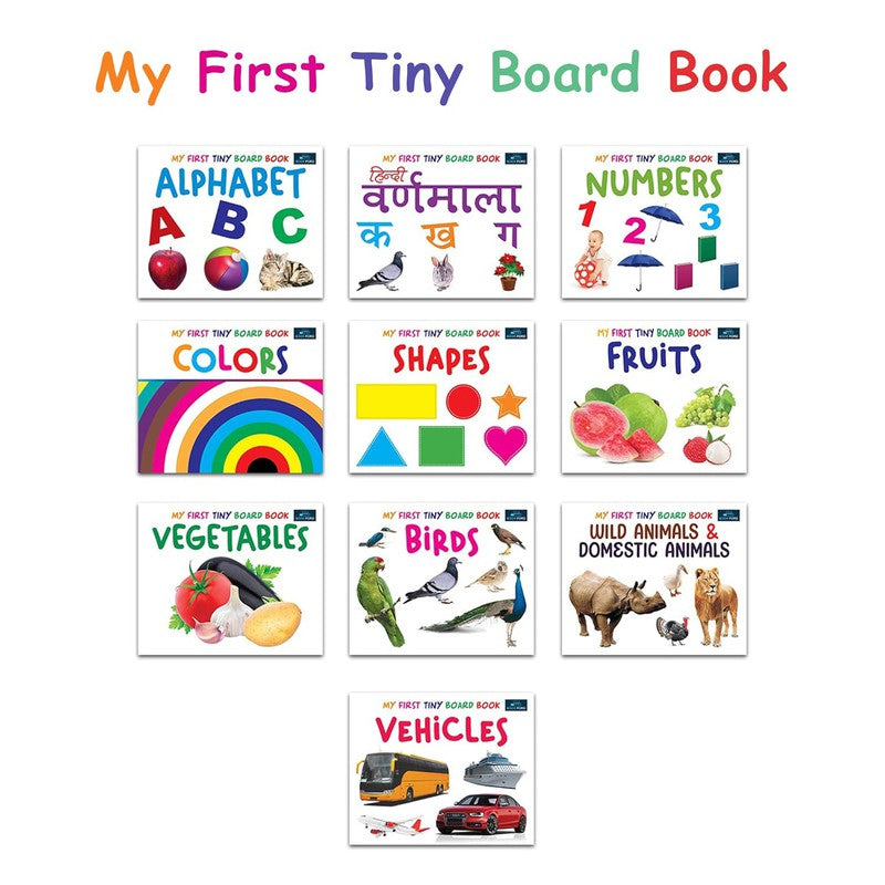 My First Reading Library Box Set Of 10 Tiny Books for Kids - Alphabet , Birds , Colors , Shapes , Hindi Varnamala , Fruits , Vegetables , Numbers , Wild Animals & Domestic Animals and Vehicles Children's Book