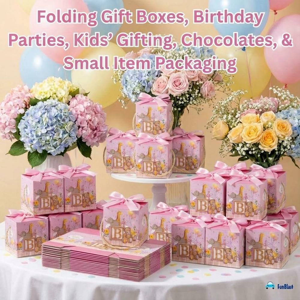 FunBlast Baby Shower Gift Boxes | Paper Folding Gift Boxes with Ribbon & Hanging Thread | Pack of 10