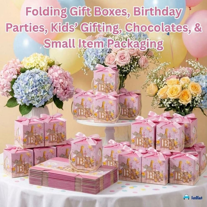 FunBlast Baby Shower Gift Boxes | Paper Folding Gift Boxes with Ribbon & Hanging Thread | Pack of 10