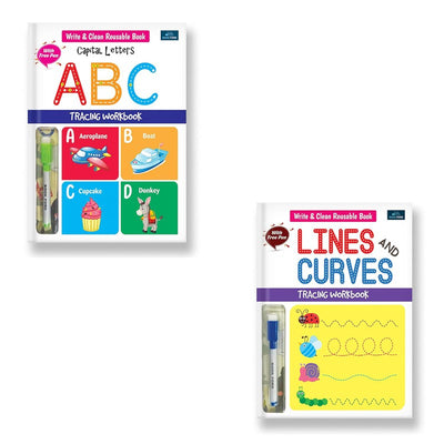 Write & Clean Reusable Book - Set of 2 Books - Alphabet Capital Letters, Lines & Curves