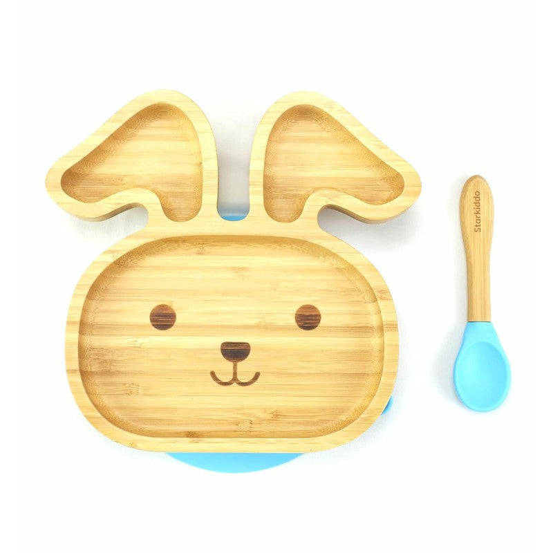 Bamboo Bunny Suction Plate for Kids and Baby-Led Weaning | Natural Bamboo BPA Free (Blue)