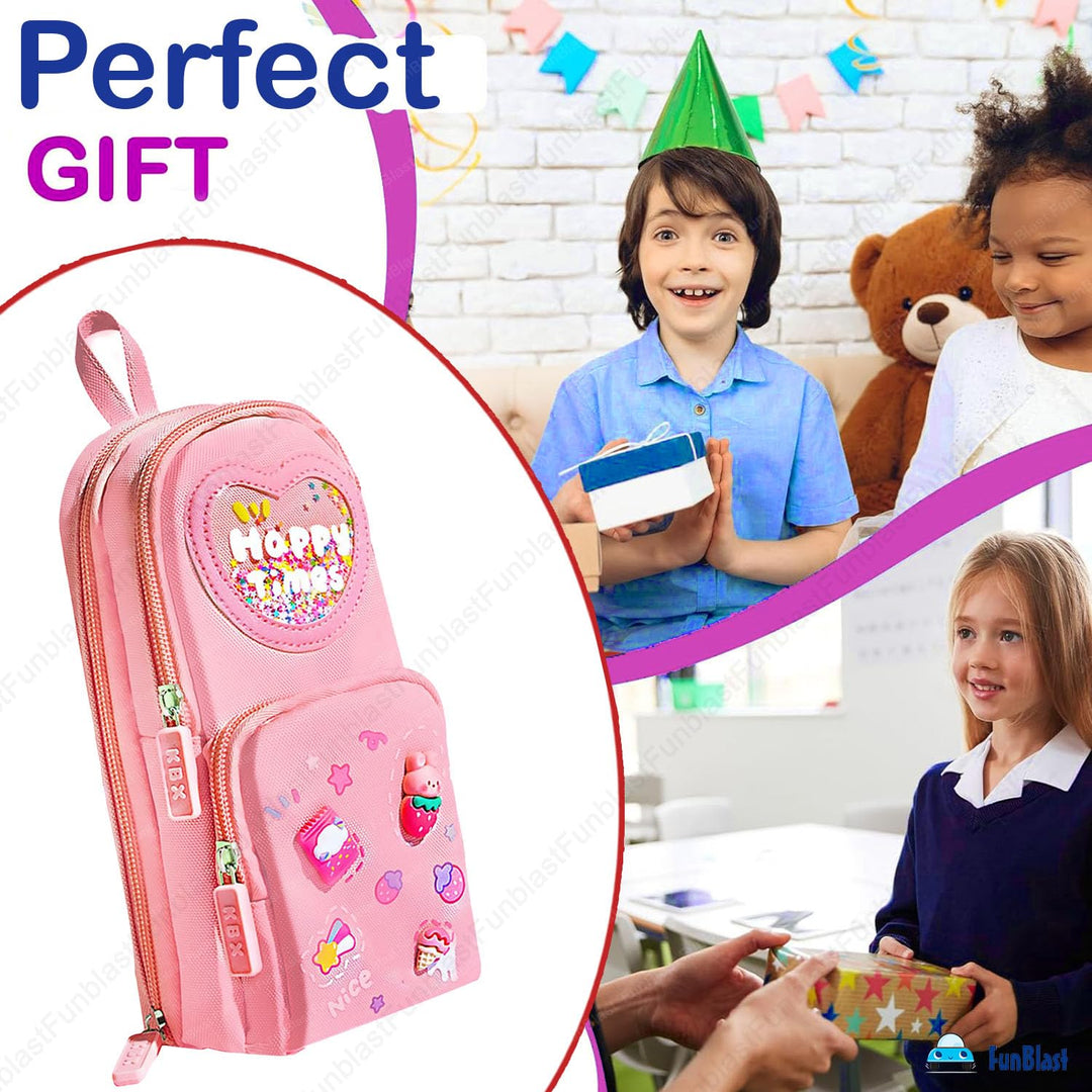 FunBlast Pencil Case for Girls | Large Capacity Hangable Triple-Layer Canvas Pouch
