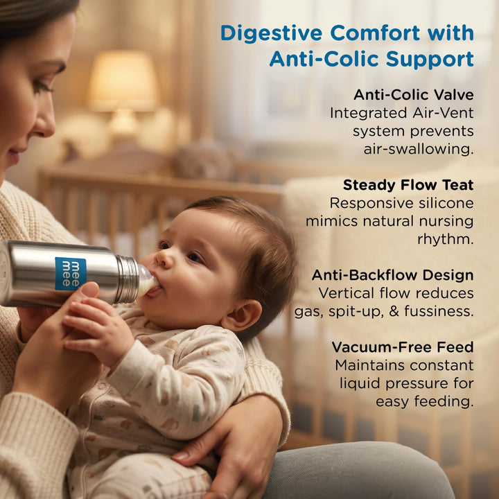 Mee Mee Premium Steel Feeding Bottle with Easy Flow Nipple - 240ml | L Size | SS304