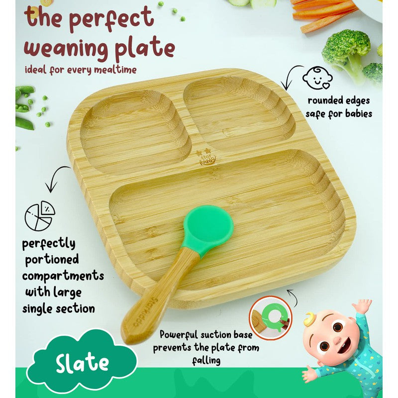 Slate Bamboo Suction Plates for Baby and Toddler| Weaning Spoon and Cute Adjustable Printed Bib | Green, Beige