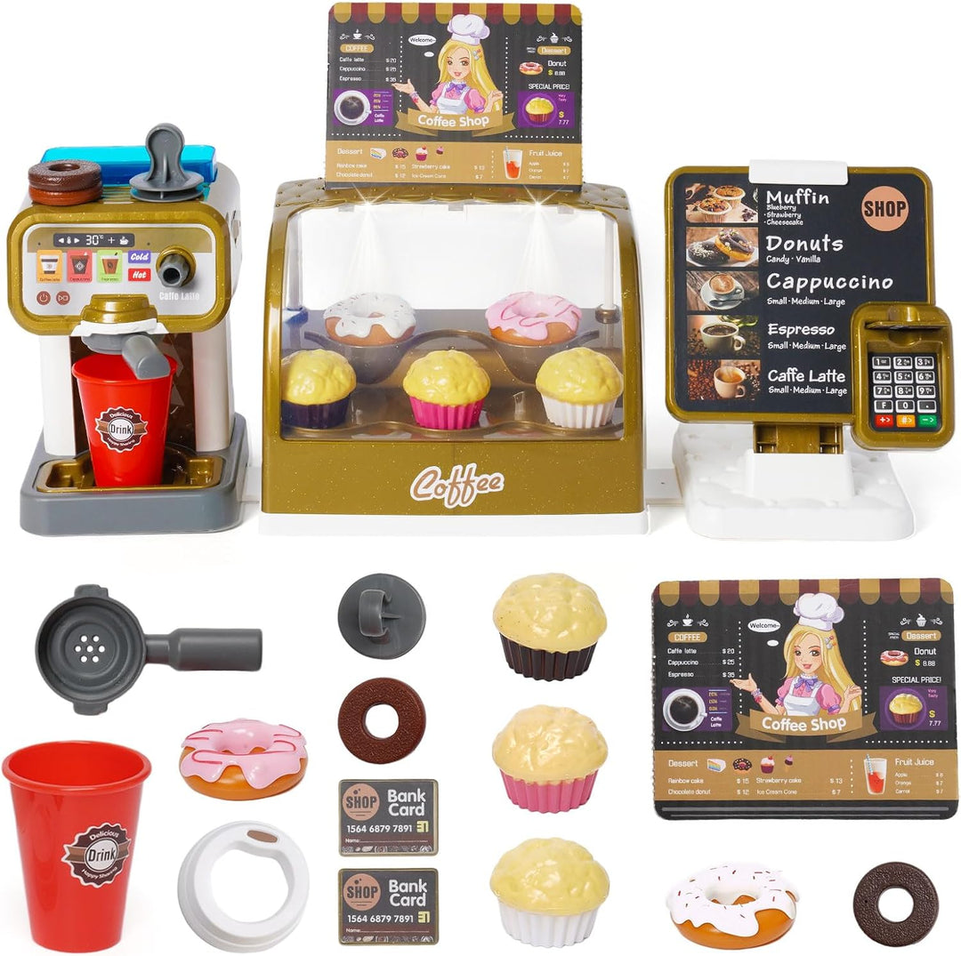 Coffee Shop Pretend Play Set | Kids Coffee Maker with Sound & Water Feature | Cash Register & Dessert Role Play Toy