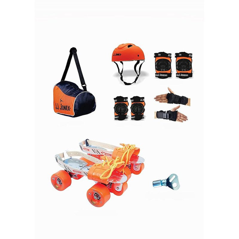 Super Tenacity Adjustable Skates Combo (Skates + Helmet + Knee pad + Elbow pad + Skates Gloves + Key + Bag) (MYC) | Large | Orange