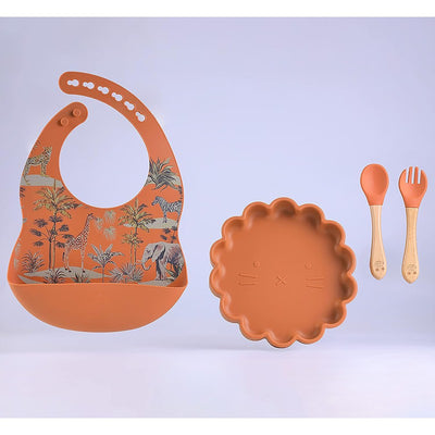 Simba Edition Silicon Grip Dish | Suction Plate Comes with Trainer Fork, Spoon and Bib| Brown