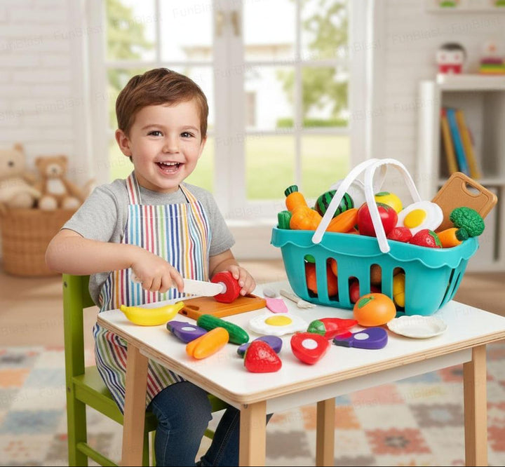 FunBlast Fruits & Vegetables Play Set | Sliceable Cutting Pretend Play Kitchen Toys with Basket & Knife | 26 Pieces