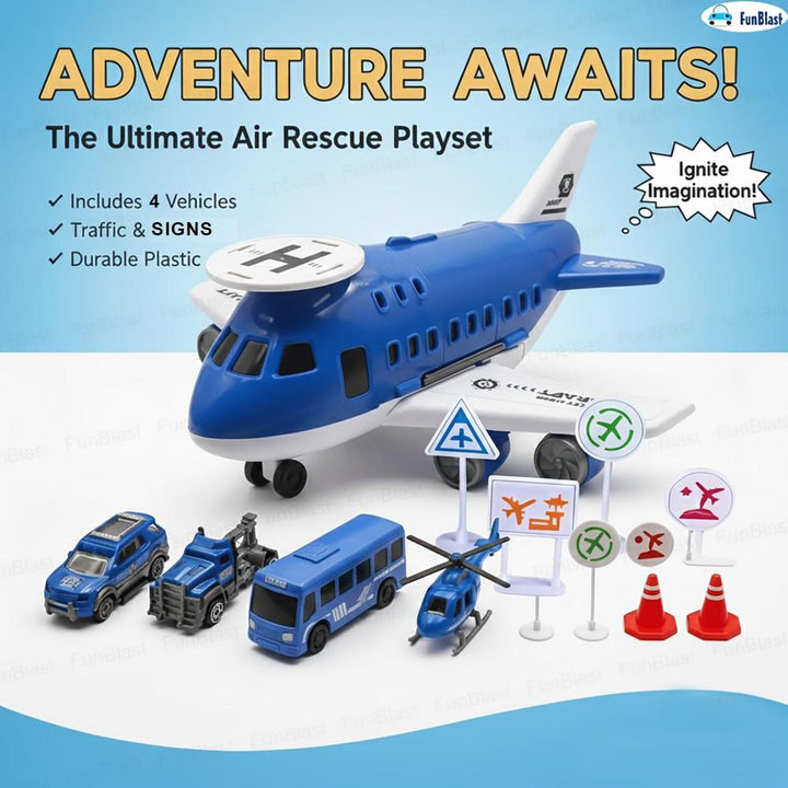 FunBlast Fire Rescue Airplane Toy Play Set | Aircraft with Fire Vehicles, Helicopter & Road Accessories | Firefighter Playset for Kids (Red)