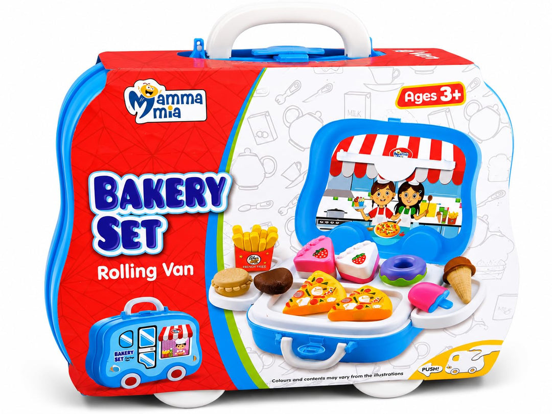 Mamma Mia Bakery Rolling Van Pretend Play Set with Toy Food | Portable Suitcase Kitchen Set