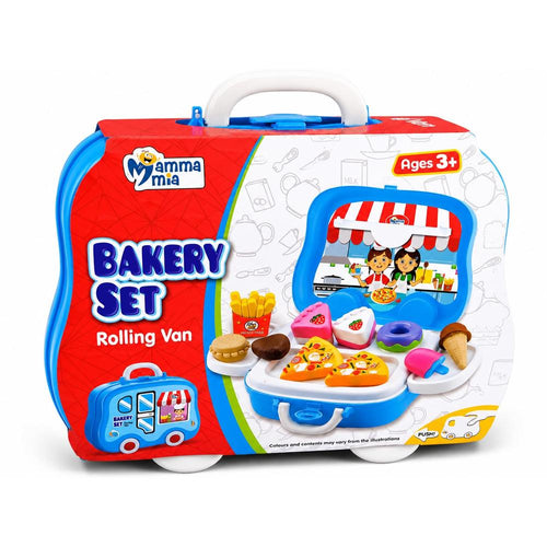Mamma Mia Bakery Rolling Van Pretend Play Set with Toy Food | Portable Suitcase Kitchen Set