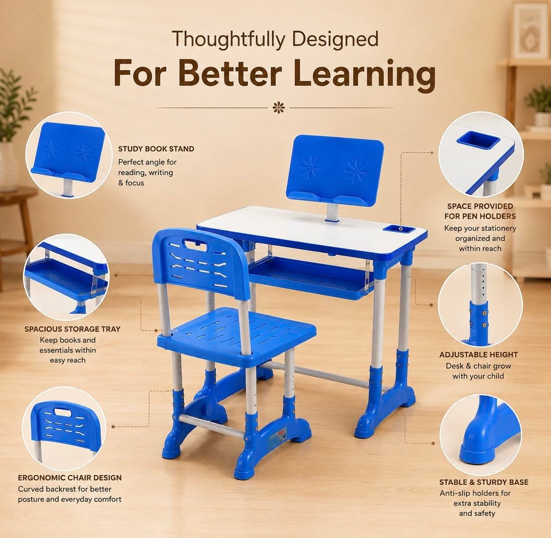 Kids Study Table & Chair Set | Adjustable Height Study Desk with Storage Shelf | Ergonomic Writing Table for Children