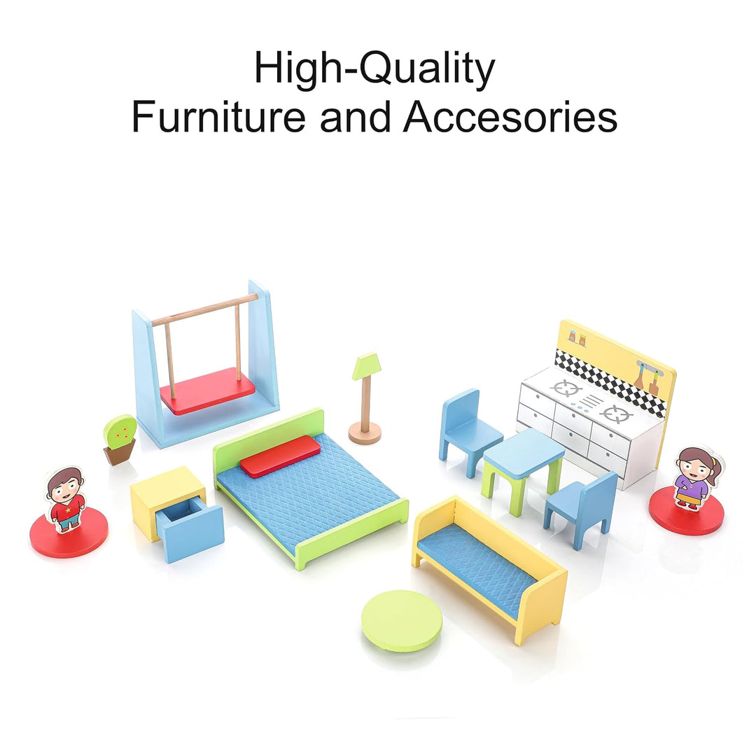 Chanak Big Wooden My Doll House | 4-Room Pretend Play Set | 16 Pieces