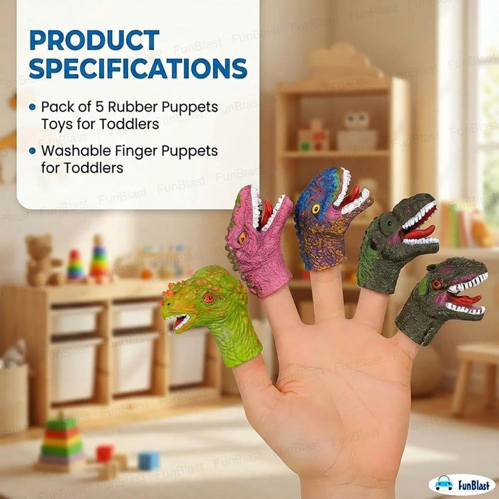 FunBlast Dinosaur Pack of 5 Finger Puppets for Kids | Soft Rubber Dino Toys for Pretend Play