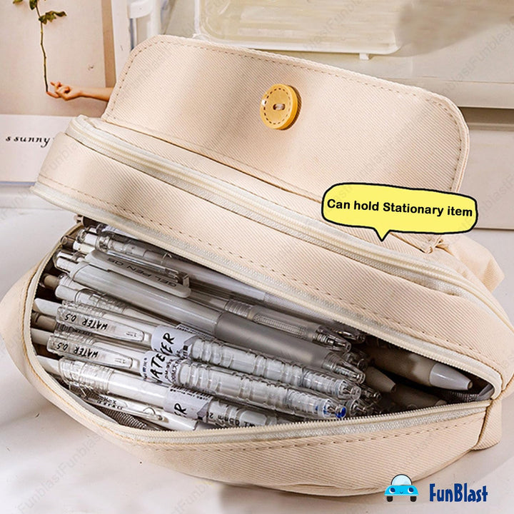 FunBlast Beige Pencil Pouch | Large Capacity Stationery Organizer & Multipurpose Zipper Case for Kids