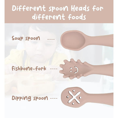3Pcs Silicon Baby Fork and Spoon Set | Baby Weaning Spoon Set | Self Feeding (Baby Pink)