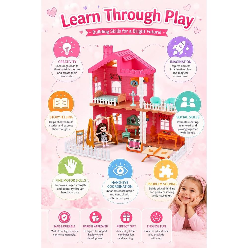 Manku Quiet Cottage Princess Dollhouse with Water Mist Spray Chimney & Light | DIY Pretend Play Set | 132-Pieces