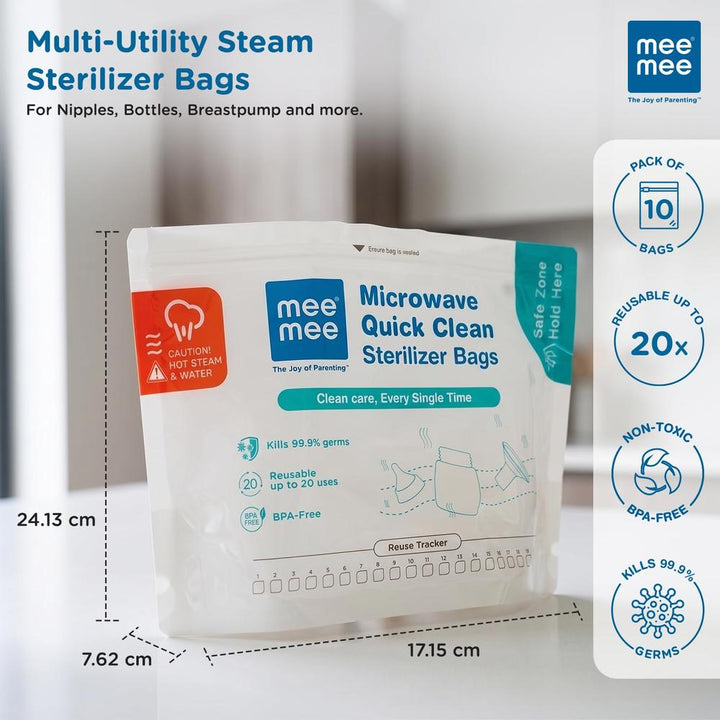 Mee Mee Microwave Quick Clean Sterilizer Bags | Pack of 10 | BPA-Free Baby Feeding Accessory Sterilization Bags