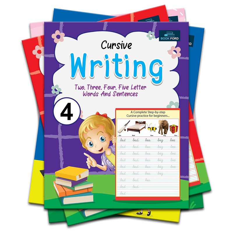 Writing Book For Kids - Set Of 4 Books - Alphabet Capital & Small , Cursive Writing Words(2-5) & Sentences , Cursive Writing Complete Sentences , And My Writing Book Of Complete Sentences