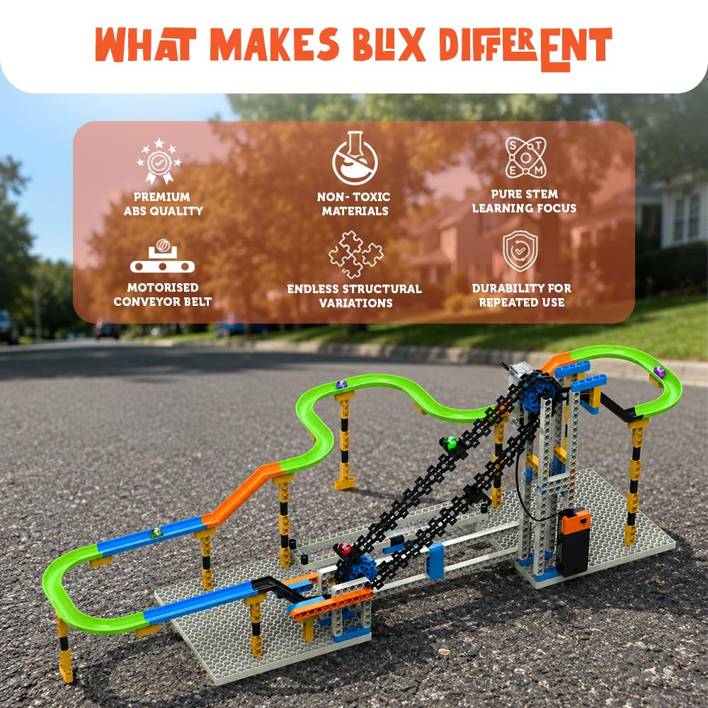 Blix Marble Run 2 Building Blocks | Motorised Conveyor Marble Track | 4 in 1 | STEM Learning & Creative Building Toy | 220+ Pieces
