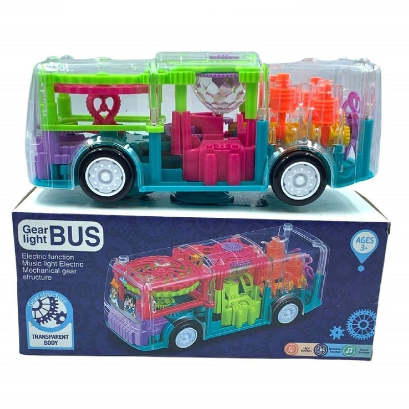 Transparent Bump & Go Electric Mechanical Gear Bus with Colorful LED Light & Music (3-6 Years)