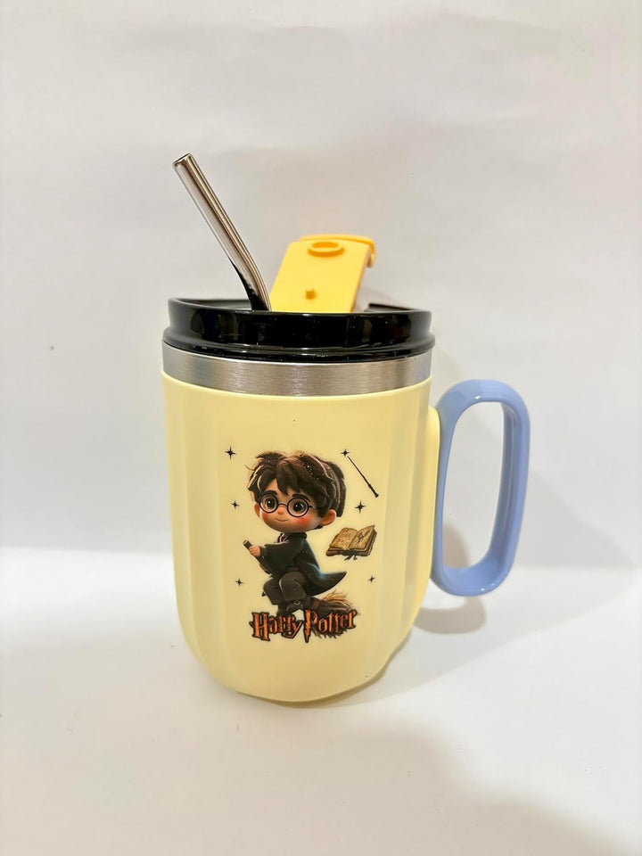 Harry Potter Theme Insulated Mug with Lid and Straw - 400ml | Stainless Steel | Lime Yellow