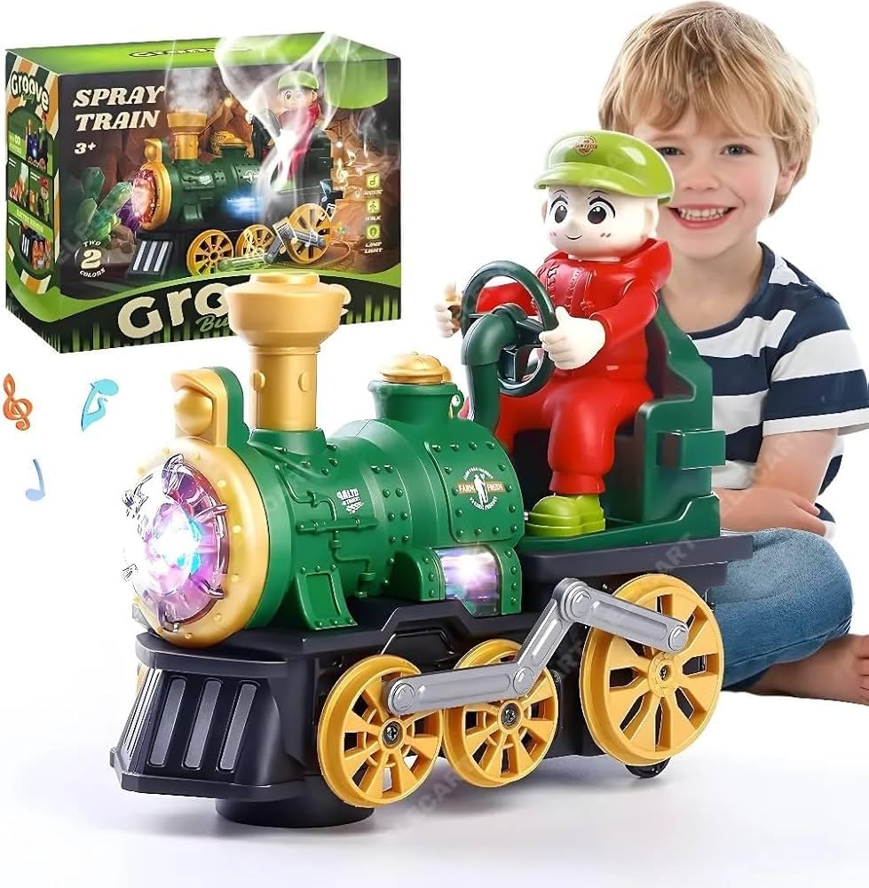 Groove Buddy Engine Spray Train Toy with Driver | LED Lights, Music & Mist Spray Train for Kids
