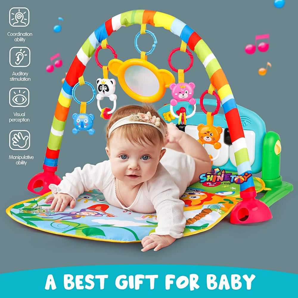 Forest Theme Baby Play Gym Mat & Fitness Rack with Hanging Rattles & Musical Keyboard (0-11 Months)