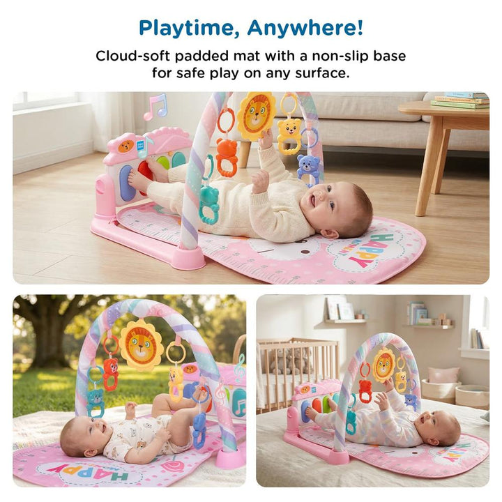 Mee Mee Melody Mat Interactive Playmat & Activity Gym | 3-in-1 Kick & Play Musical Piano Mat with Lights with Hanging Rattle Toys & Teethers - Pink