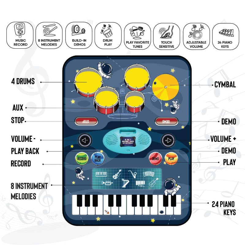 Planet Tunes 2 in 1 Musical Playmat with 8 Instrument Melodies & 24 Piano Keys (9 Months-3 Years)