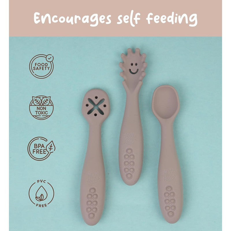3Pcs Silicon Baby Fork and Spoon Set | Baby Weaning Spoon Set | Self Feeding (Baby Pink)