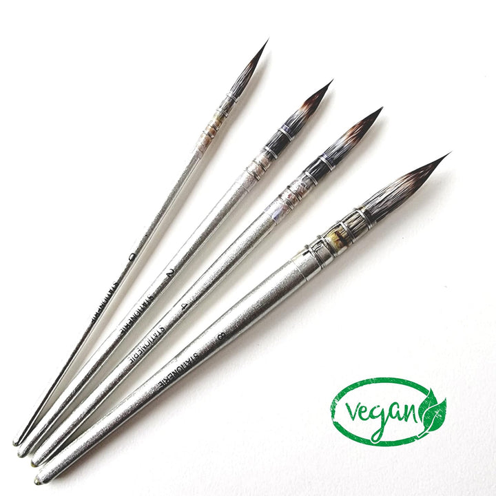 Set of 4 Synthetic Paint Brushes | Handmade Quill, Mop, Wash and Vegan | Metallic Silver