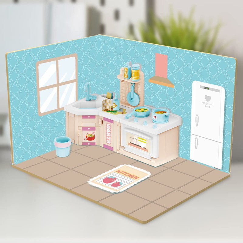 DIY Kitchen Room Wooden Doll House with Plastic Furniture, Dollhouse