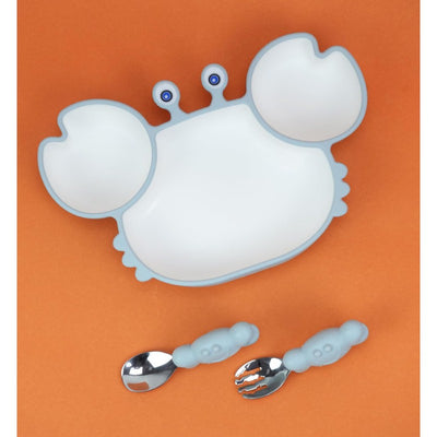 Cute Crab Silicon Suction Plate with Easy Grip Handle Spoon & Fork for Babies & Toddlers (Sky Blue)
