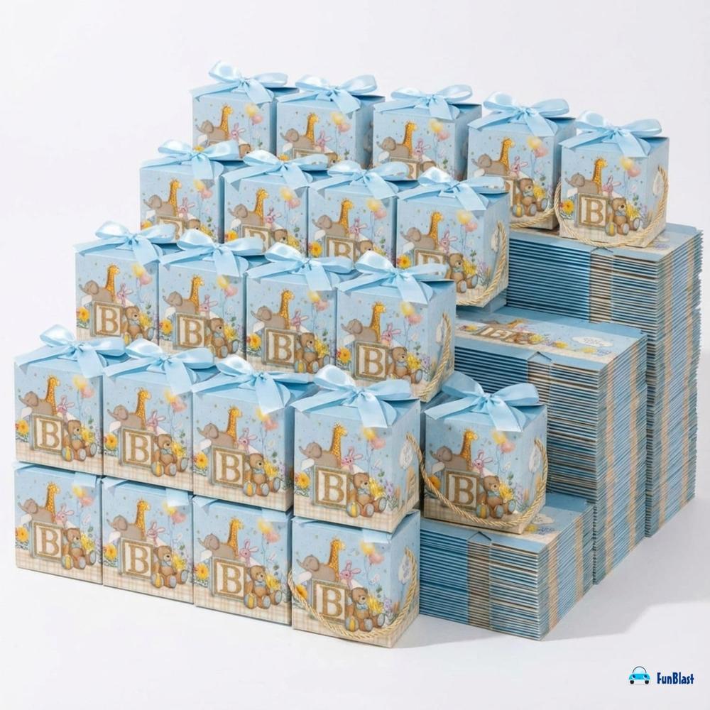 FunBlast Baby Shower Gift Boxes | Paper Folding Gift Boxes with Ribbon & Hanging Thread | Pack of 10
