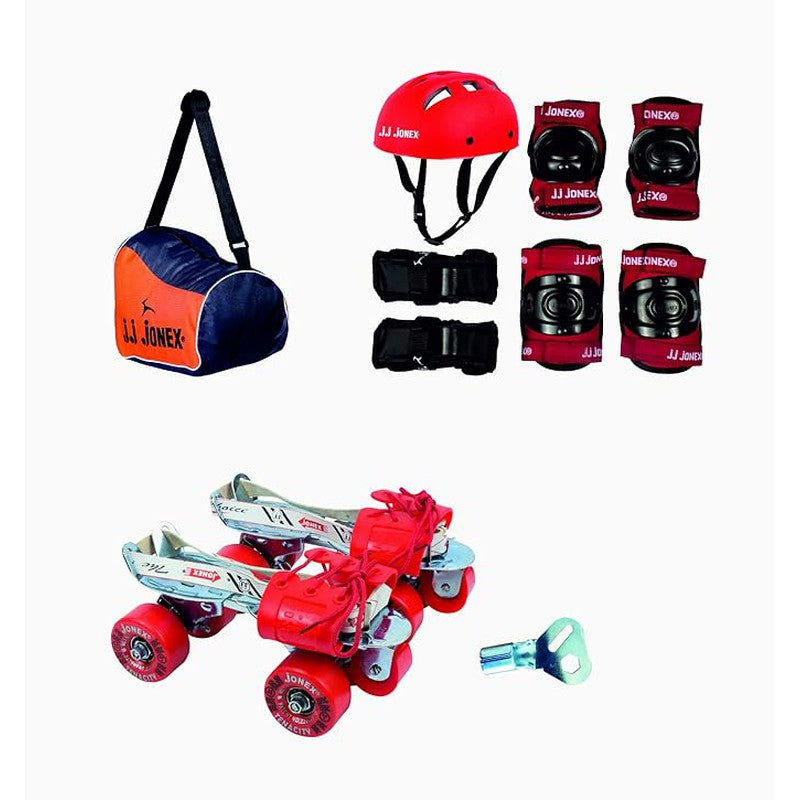 JJ Jonex Unisex Tenacity Adjustable Skates Combo (Skates + Helmet + Knee Pad + Elbow Pad + Skates Gloves + Key + Bag) (MYC) | Medium | Red |  6-11 Years