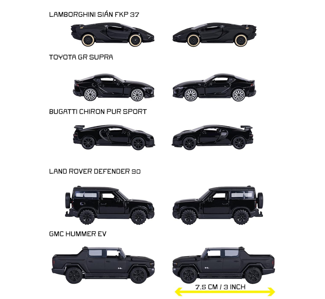 Set of 5 Licensed Majorette Diecast Cars (Black Edition) -  Bugatti Chiron Pur Sport, Lamborghini Sián FKP 37, Toyota GR Supra, Land Rover Defender 90, GMC Hummer EV