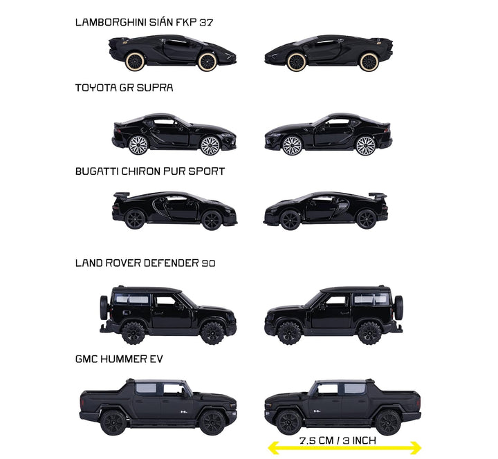 Set of 5 Licensed Majorette Diecast Cars (Black Edition) -  Bugatti Chiron Pur Sport, Lamborghini Sián FKP 37, Toyota GR Supra, Land Rover Defender 90, GMC Hummer EV