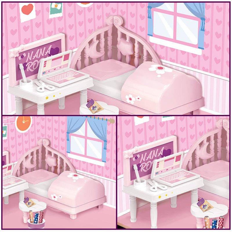 DIY Bed Room Wooden Doll House with Plastic Furniture, Dollhouse