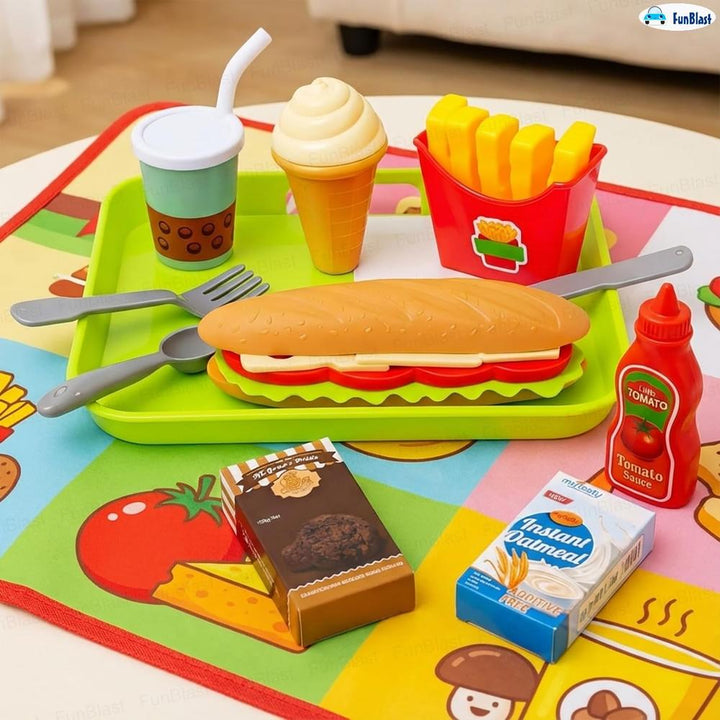 FunBlast Fast Food Play Set for Kids | Pretend Play Food Toys with Snacks, Tray, Accessories & Carry Box  (11 Pieces)