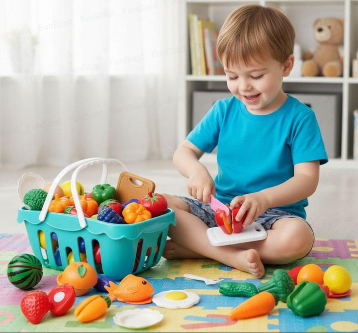 FunBlast Fruits & Vegetables Play Set | Sliceable Cutting Pretend Play Kitchen Toys with Basket & Knife | 26 Pieces