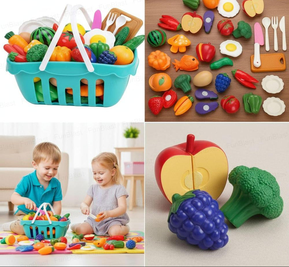 FunBlast Fruits & Vegetables Play Set | Sliceable Cutting Pretend Play Kitchen Toys with Basket & Knife | 26 Pieces