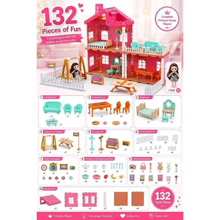Manku Quiet Cottage Princess Dollhouse with Water Mist Spray Chimney & Light | DIY Pretend Play Set | 132-Pieces