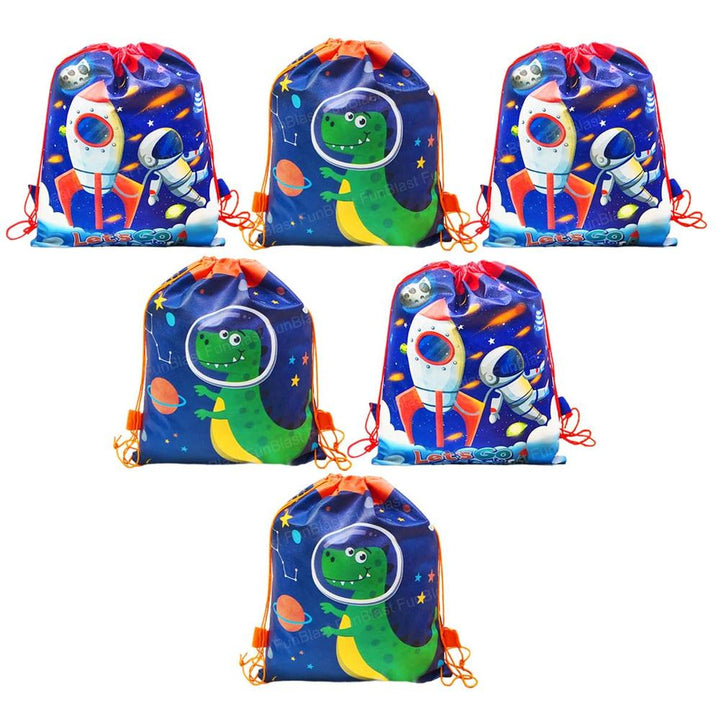 FunBlast Space & Dinosaur Return Gift Bags | Pack of 6 Reusable Non-Woven Drawstring Bags