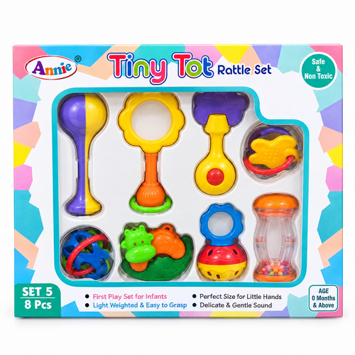 Annie Tiny Tot Rattle Set | Colorful Baby Rattles & Sensory Toys | Safe & Non-Toxic Infant Toy Set | 8 Pieces